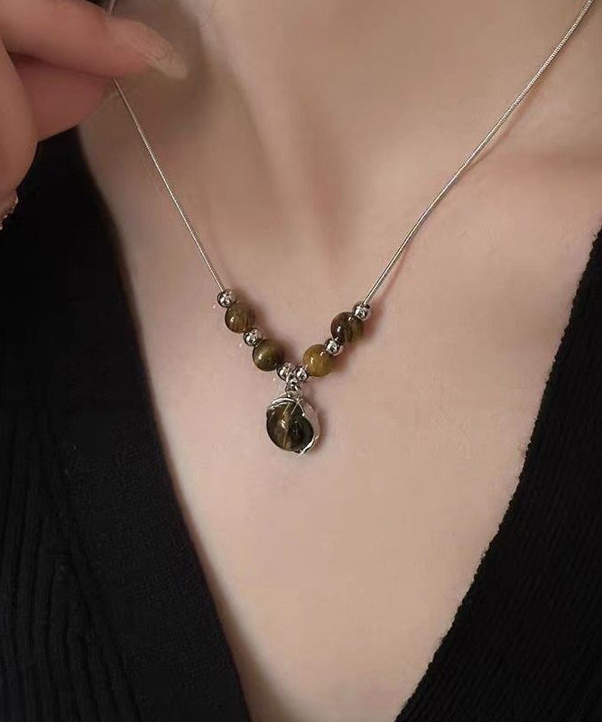 New Leather Patchwork Tiger's Eye Pendant Necklace Two-Piece Set