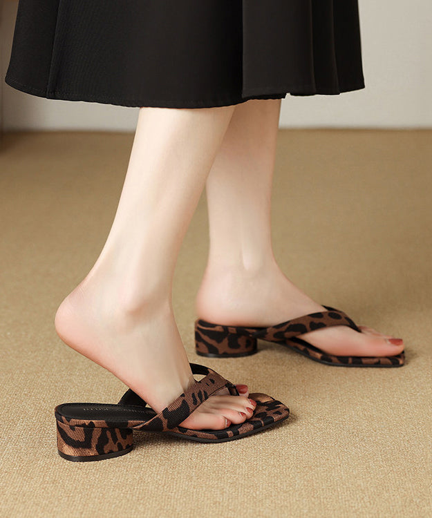 New Leopard Square Toe Chunky Heel Flip Flops Summer