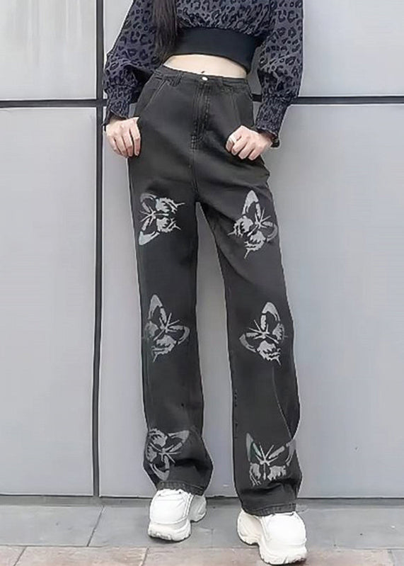 New Light Blue Butterfly Print Patchwork Denim Wide Leg Pants