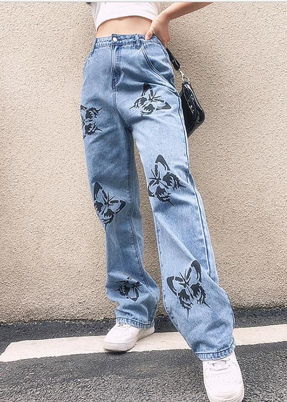 New Light Blue Butterfly Print Patchwork Denim Wide Leg Pants