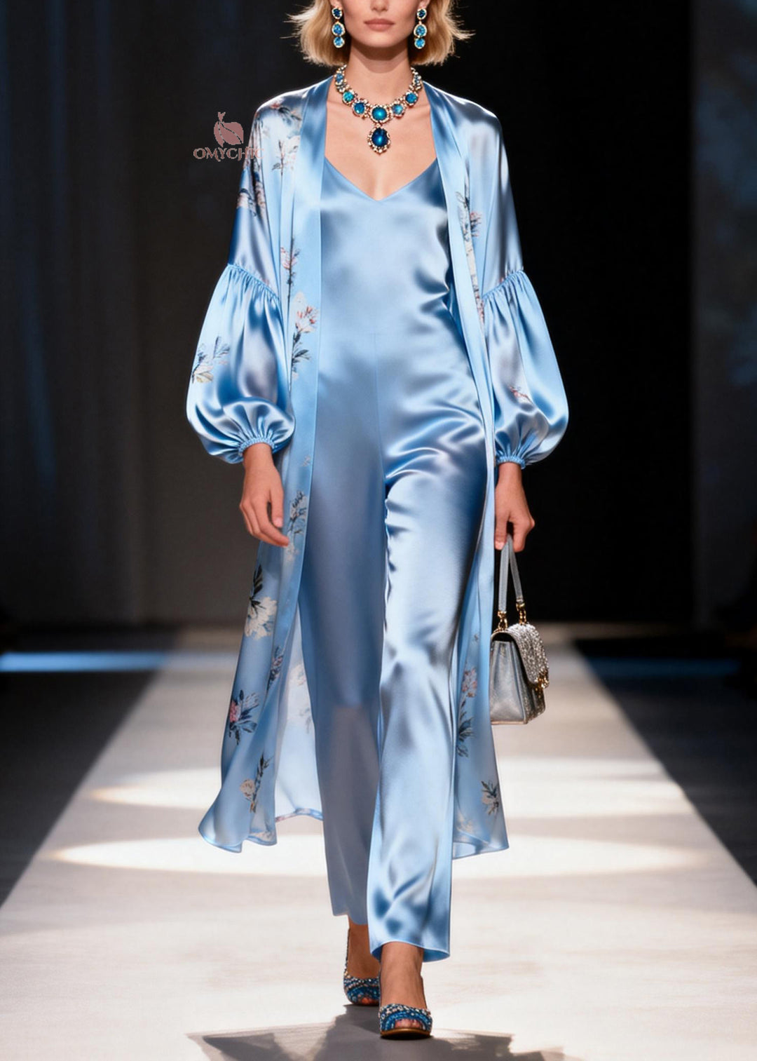 New Light Blue Cardigans And Jumpsuits Silk Two Piece Set Summer