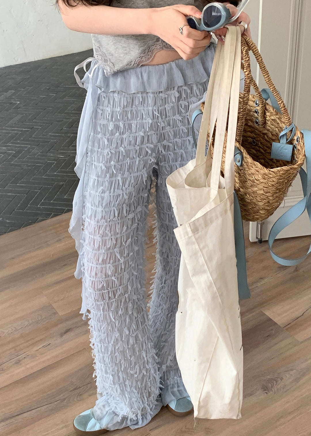New Light Blue Original Design High Waist Chiffon Pants Summer