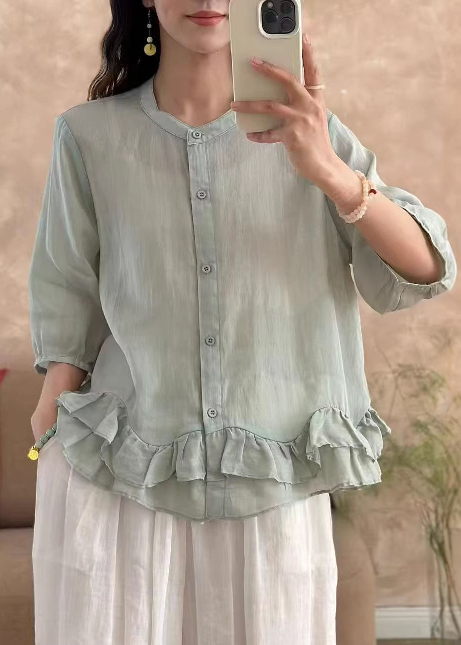 New Light Blue Ruffled Patchwork Linen Shirt Bracelet Sleeve
