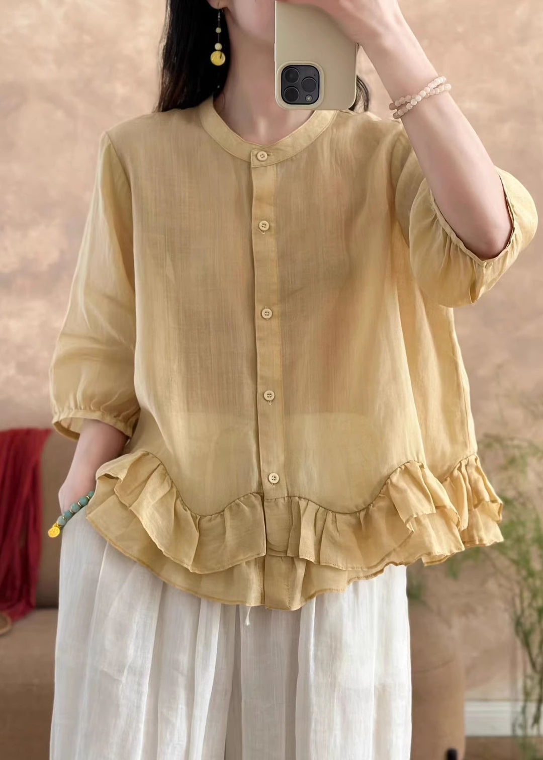 New Light Blue Ruffled Patchwork Linen Shirt Bracelet Sleeve