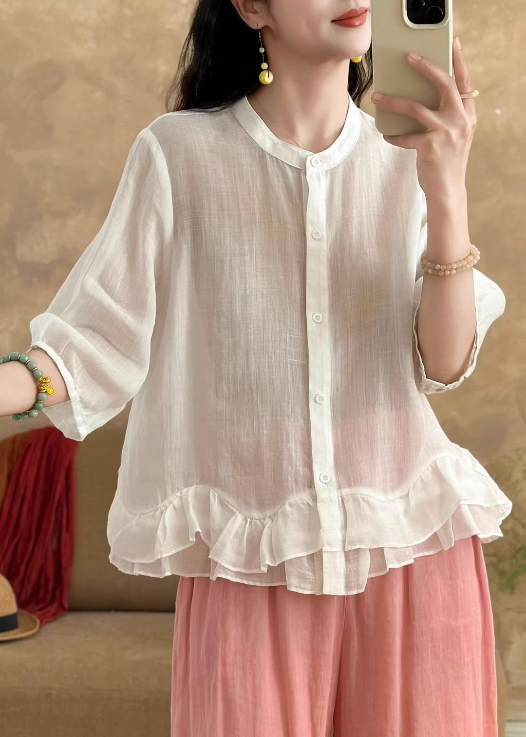 New Light Blue Ruffled Patchwork Linen Shirt Bracelet Sleeve