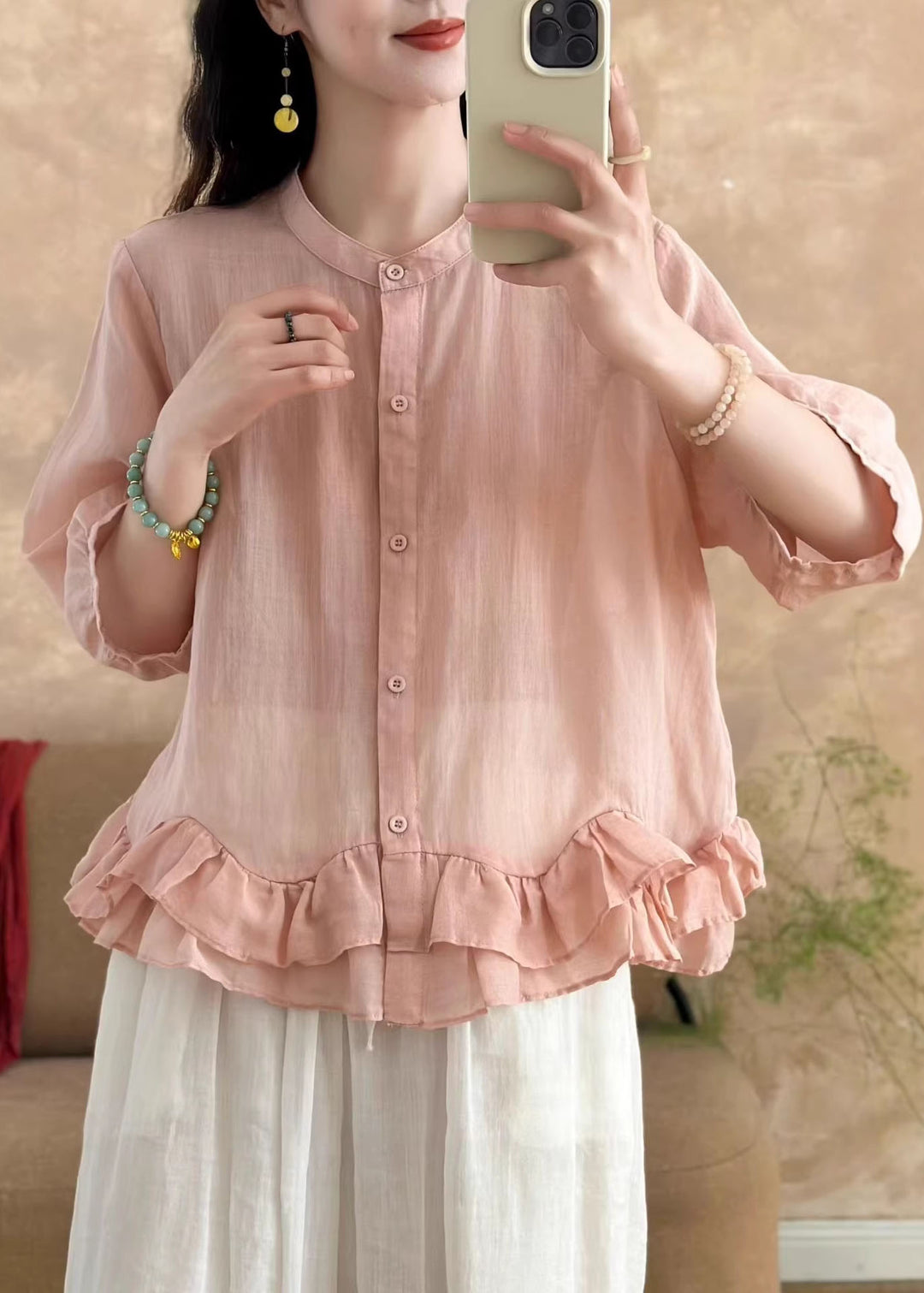 New Light Blue Ruffled Patchwork Linen Shirt Bracelet Sleeve