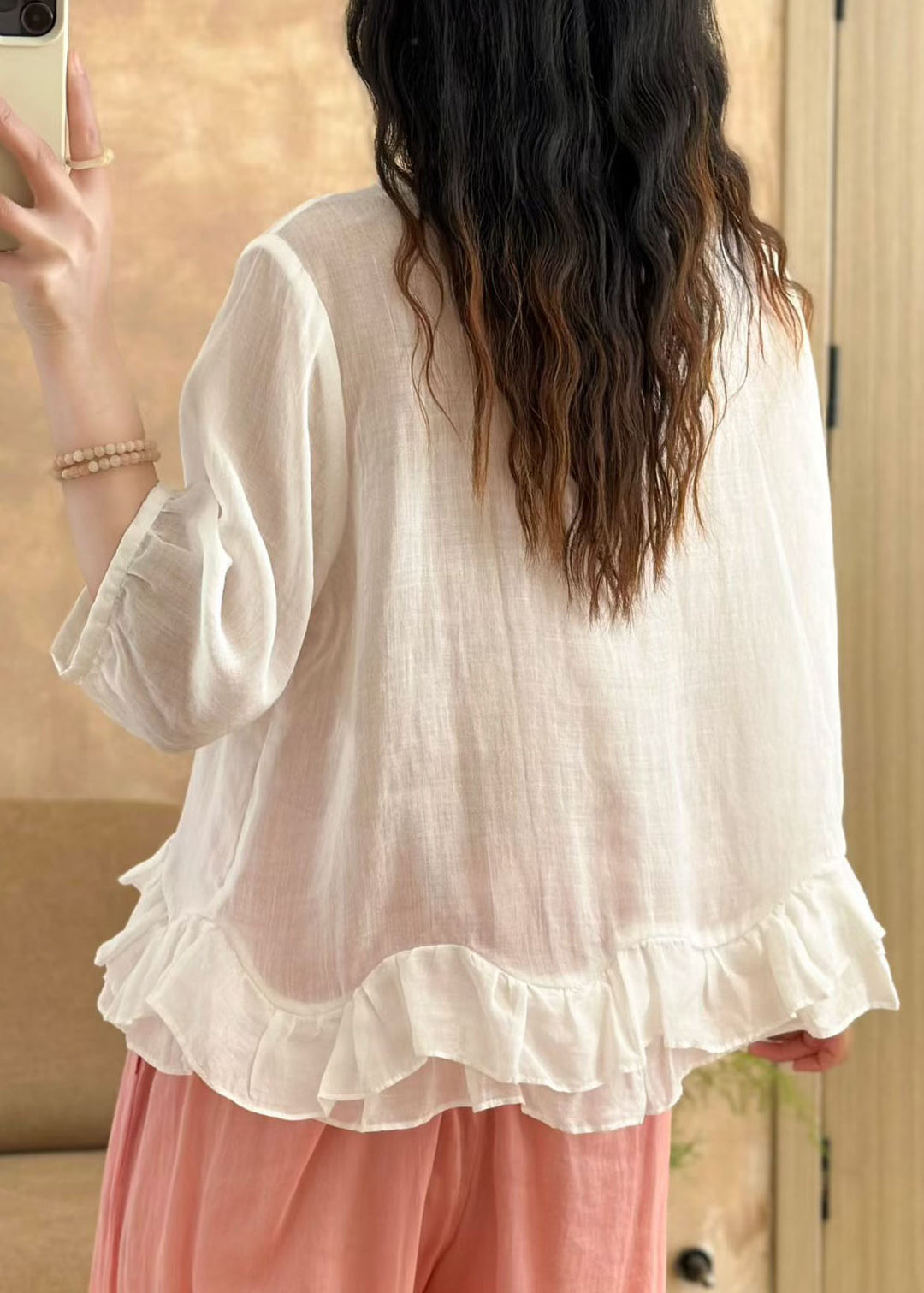 New Light Blue Ruffled Patchwork Linen Shirt Bracelet Sleeve