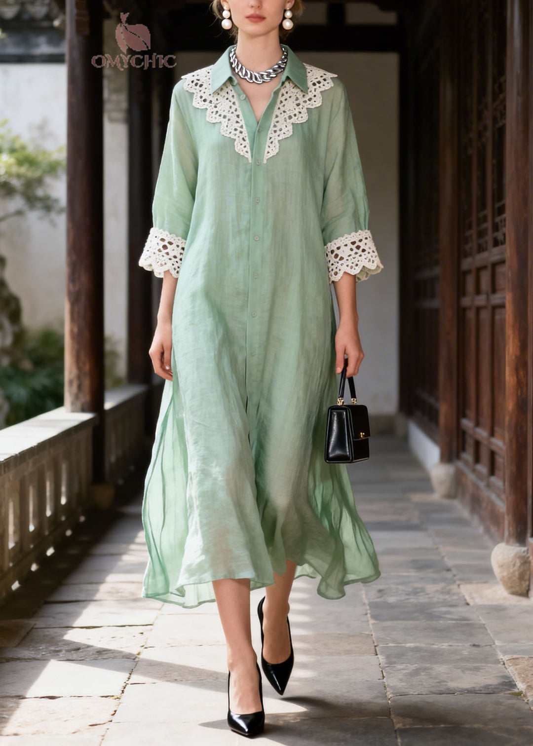 New Light Green Peter Pan Collar Lace Patchwork Cotton Dress Summer