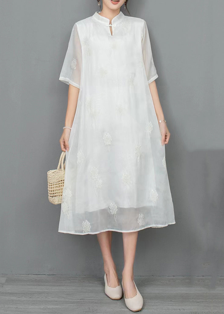 New Light Green Stand Collar Embroidered Linen Dress Half Sleeve