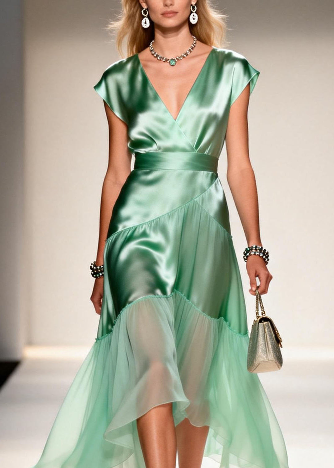 New Light Green V Neck Ruffled Patchwork Silk Dress Summer