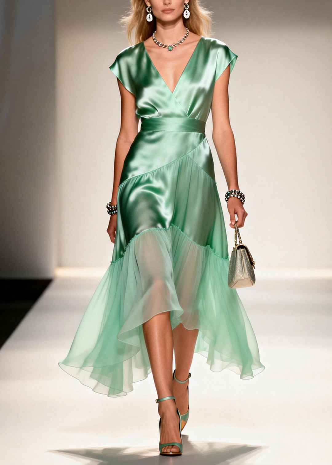 New Light Green V Neck Ruffled Patchwork Silk Dress Summer