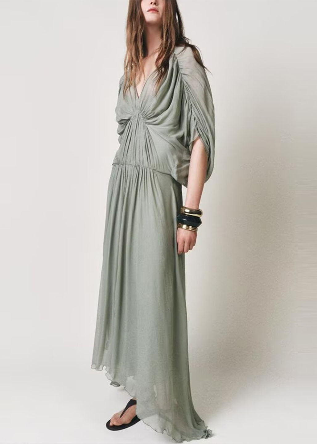 New Light Green V Neck Wrinkled Patchwork Chiffon Dresses Batwing Sleeve