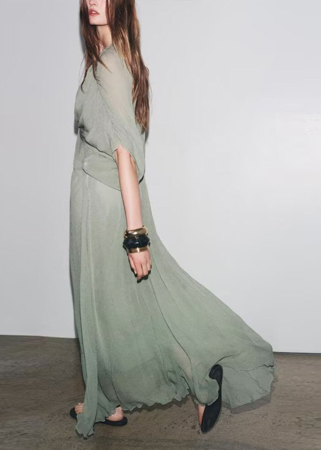 New Light Green V Neck Wrinkled Patchwork Chiffon Dresses Batwing Sleeve