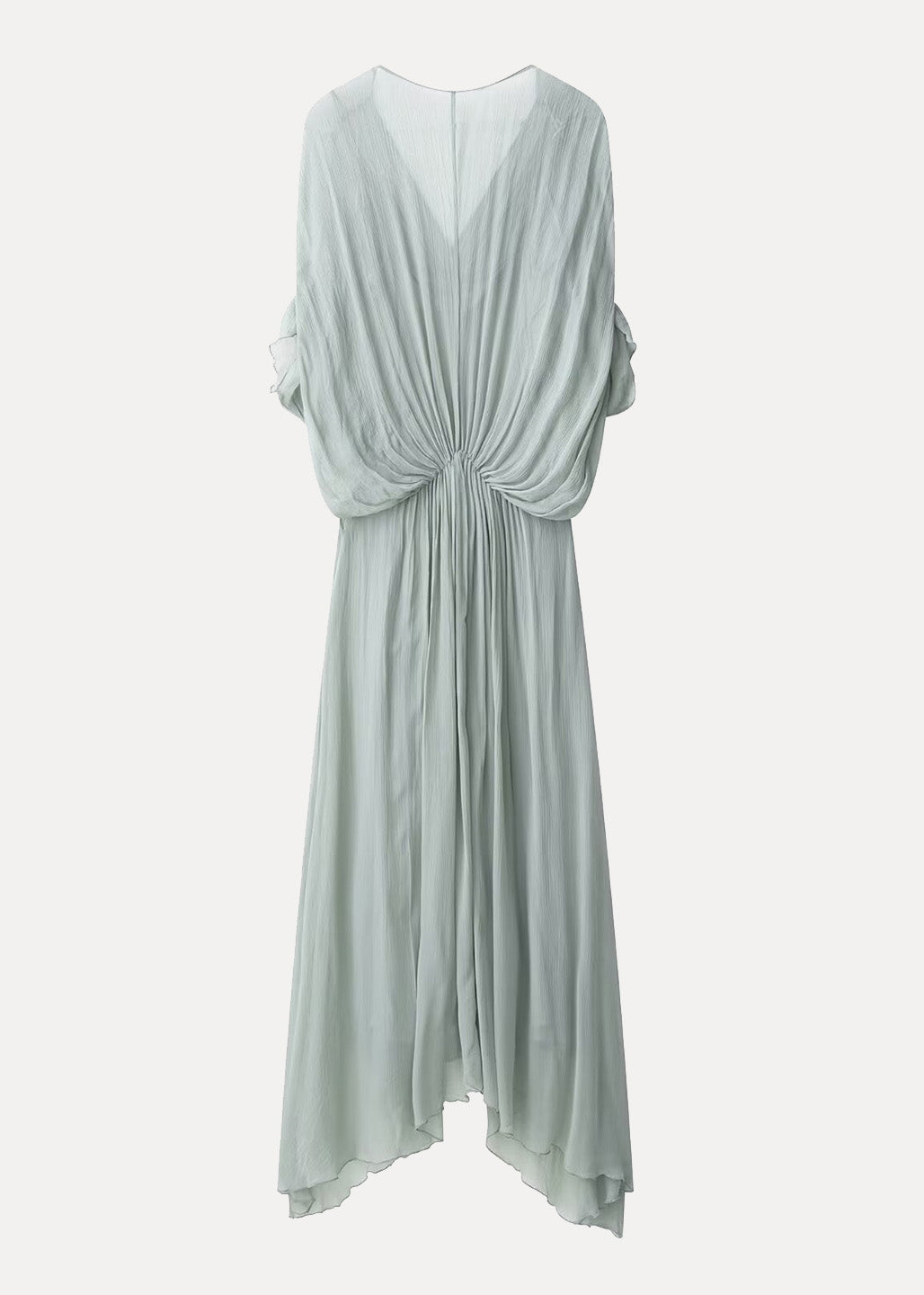 New Light Green V Neck Wrinkled Patchwork Chiffon Dresses Batwing Sleeve