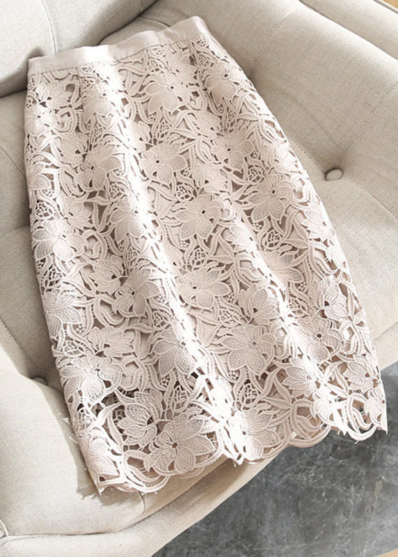 New Light Pink Hollow Out Lace High Waisted Skirts Summer
