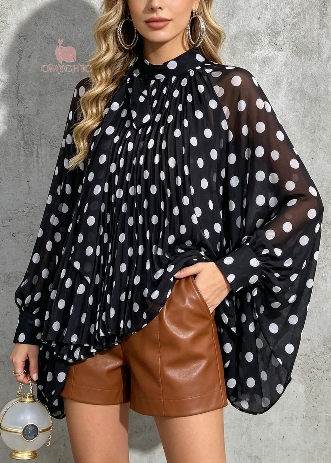 New Loose Black Dot Print Bow Chiffon Shirt Batwing Sleeve
