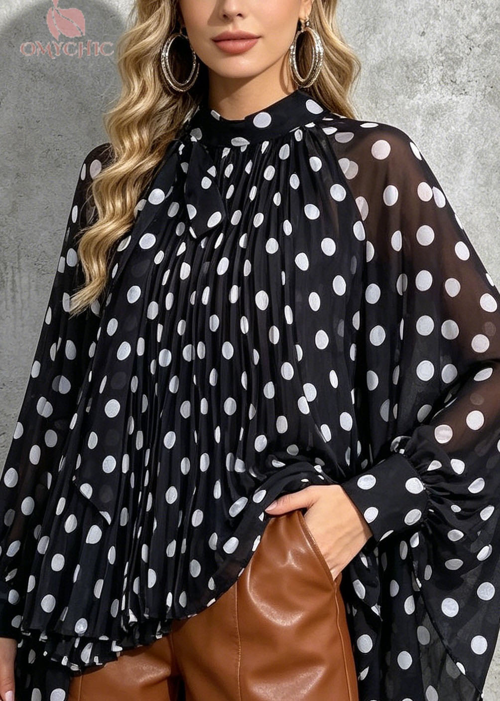 New Loose Black Dot Print Bow Chiffon Shirt Batwing Sleeve