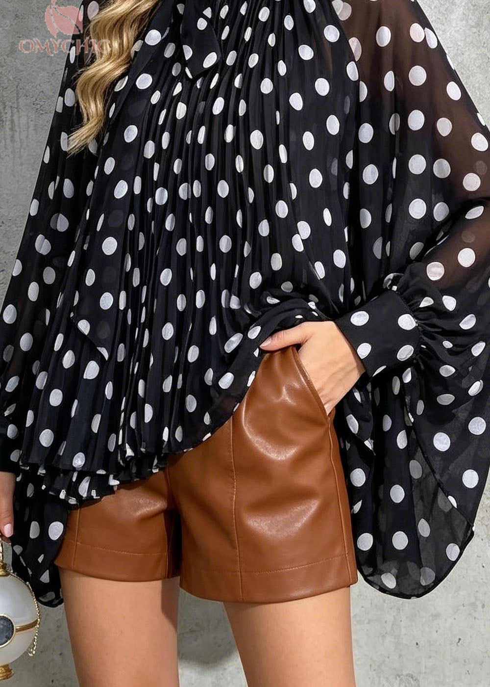 New Loose Black Dot Print Bow Chiffon Shirt Batwing Sleeve