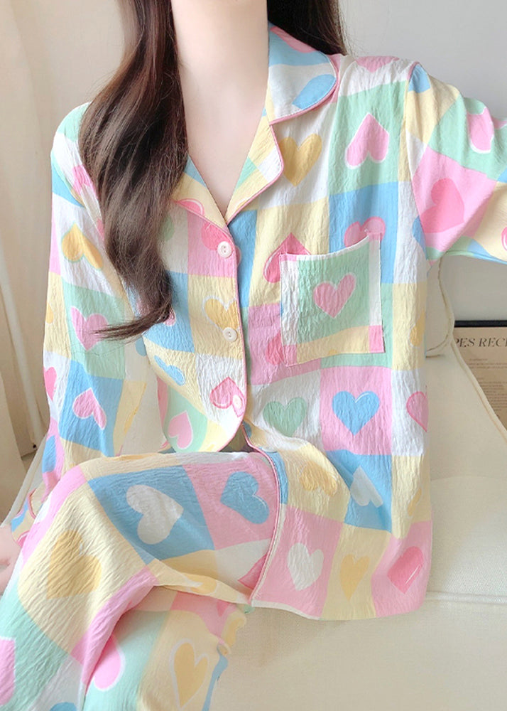 New Loving Heart Plaid Pockets Cotton Pajamas Two Piece Set Fall