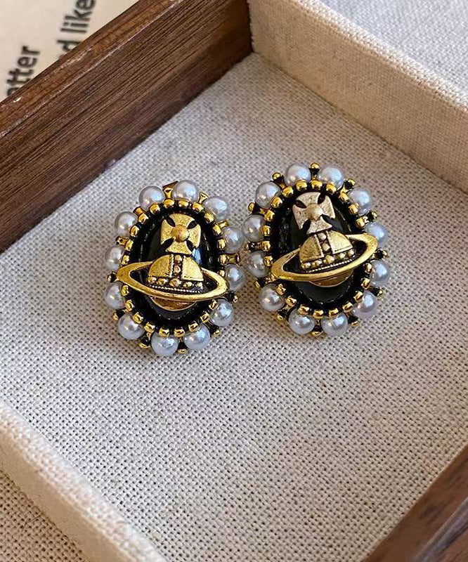 New Luxury Black Metal Pearl Stud Earrings