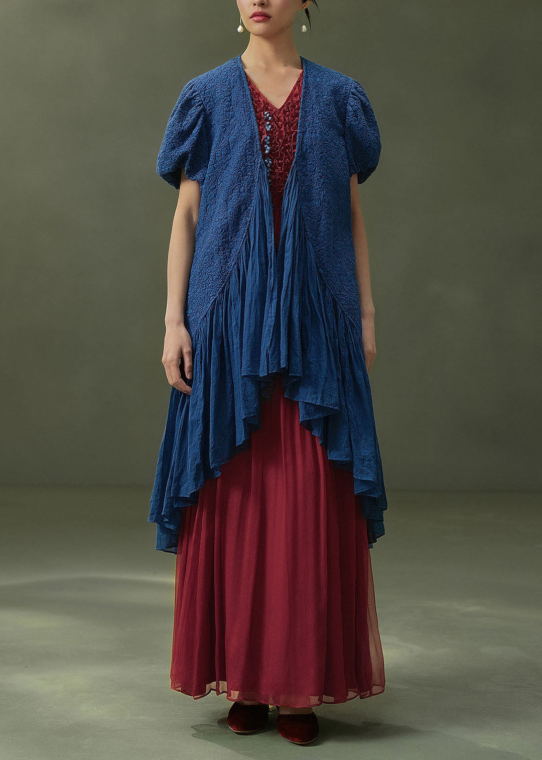New Mulberry V Neck Ruffled Patchwork Silk Dress Sleeveless