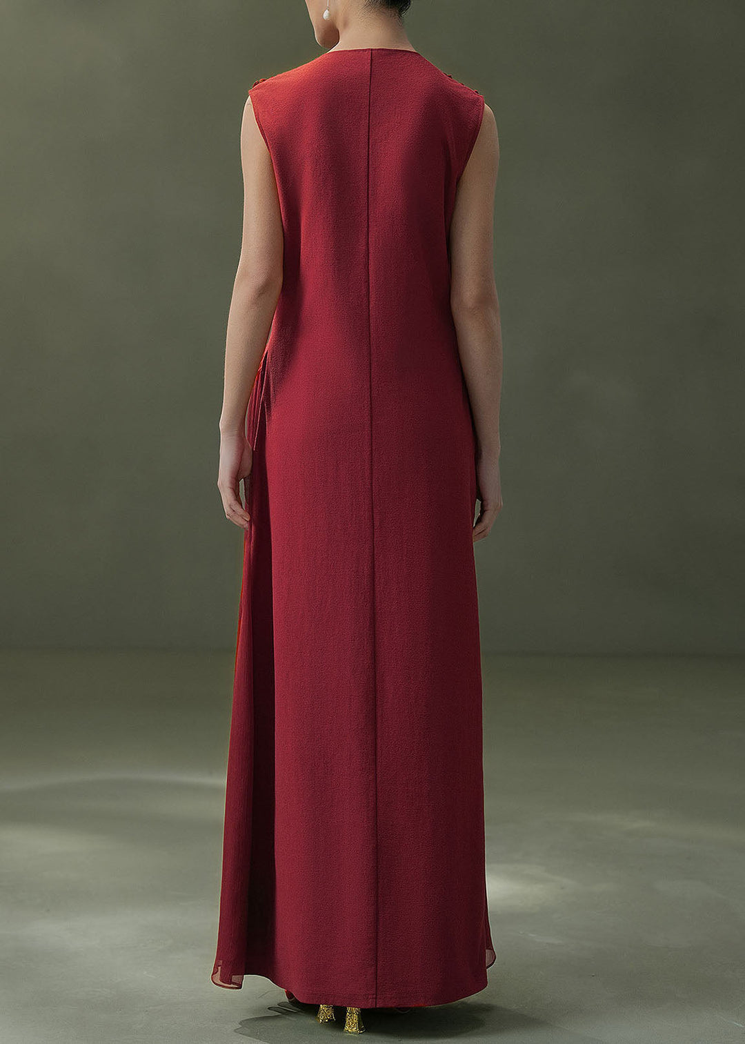 New Mulberry V Neck Ruffled Patchwork Silk Dress Sleeveless