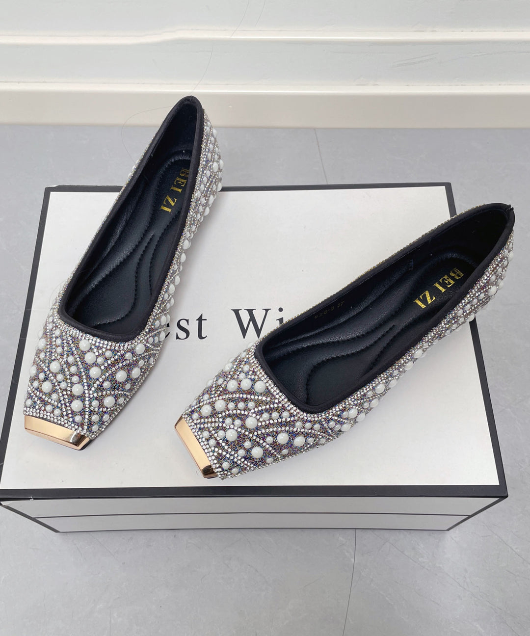 New Nail Bead Zircon Splicing Penny Loafers Black Faux Leather