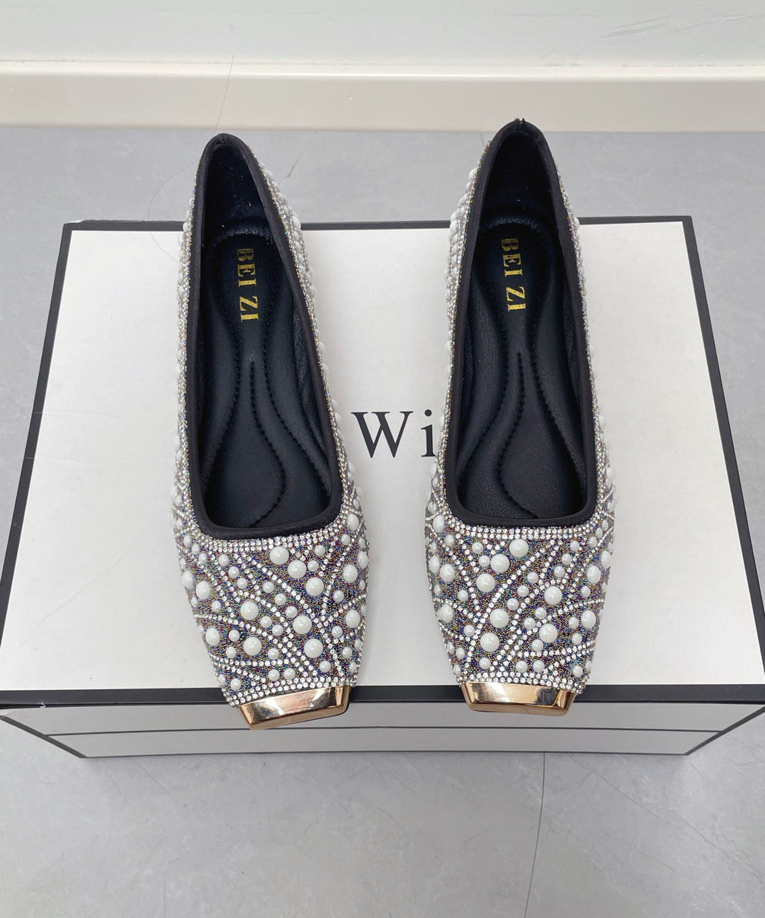 New Nail Bead Zircon Splicing Penny Loafers Black Faux Leather