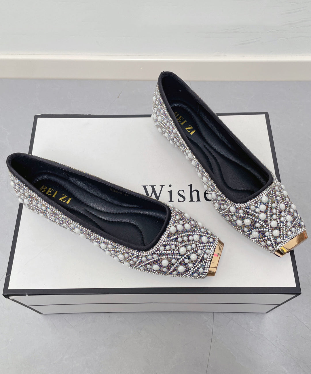 New Nail Bead Zircon Splicing Penny Loafers Black Faux Leather