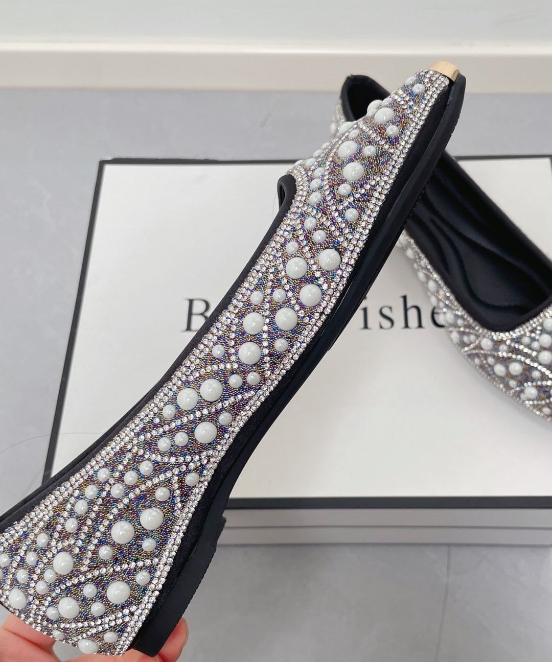 New Nail Bead Zircon Splicing Penny Loafers Black Faux Leather