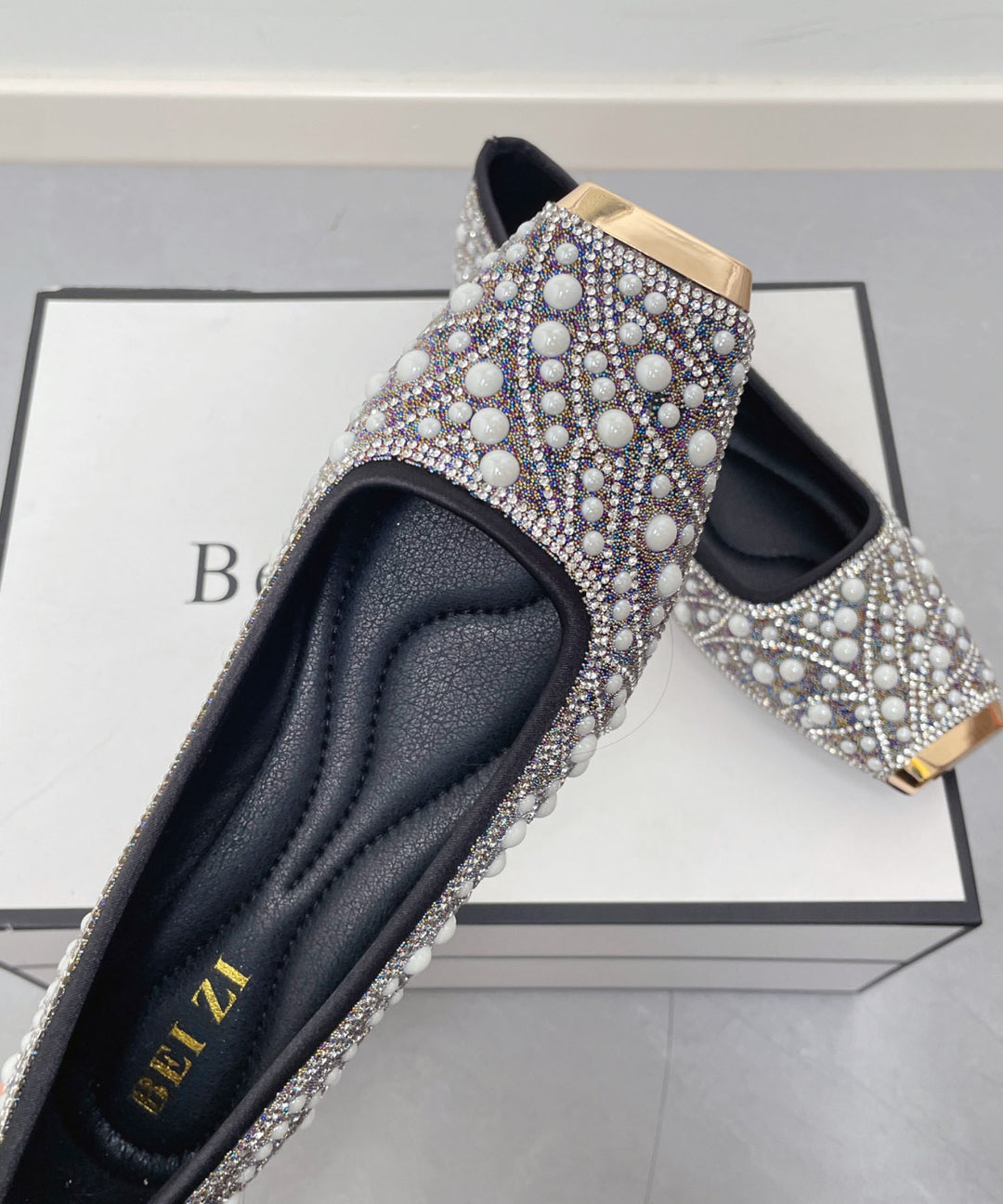 New Nail Bead Zircon Splicing Penny Loafers Black Faux Leather