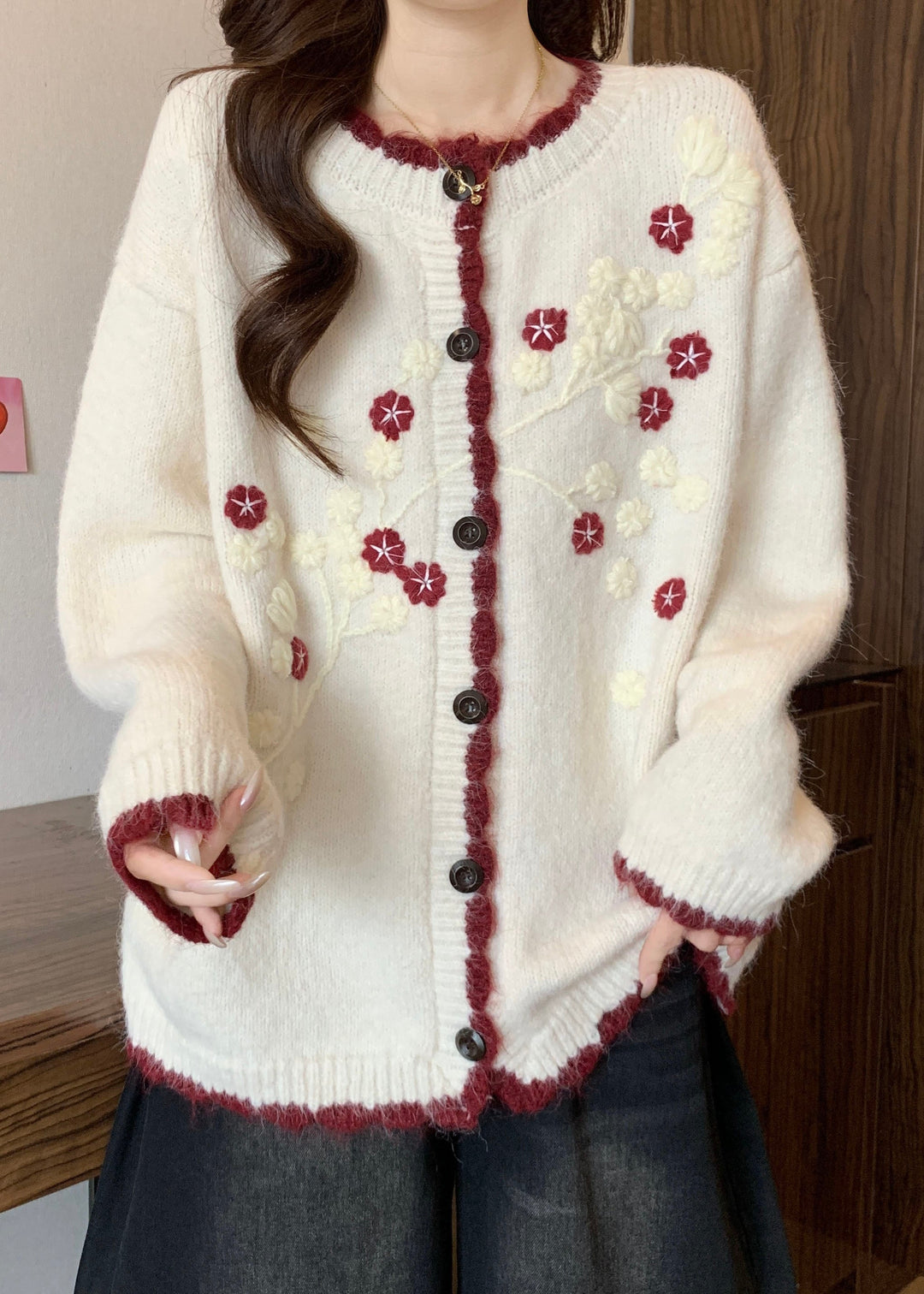 New Navy Embroidered Button Knit Cardigan Fall