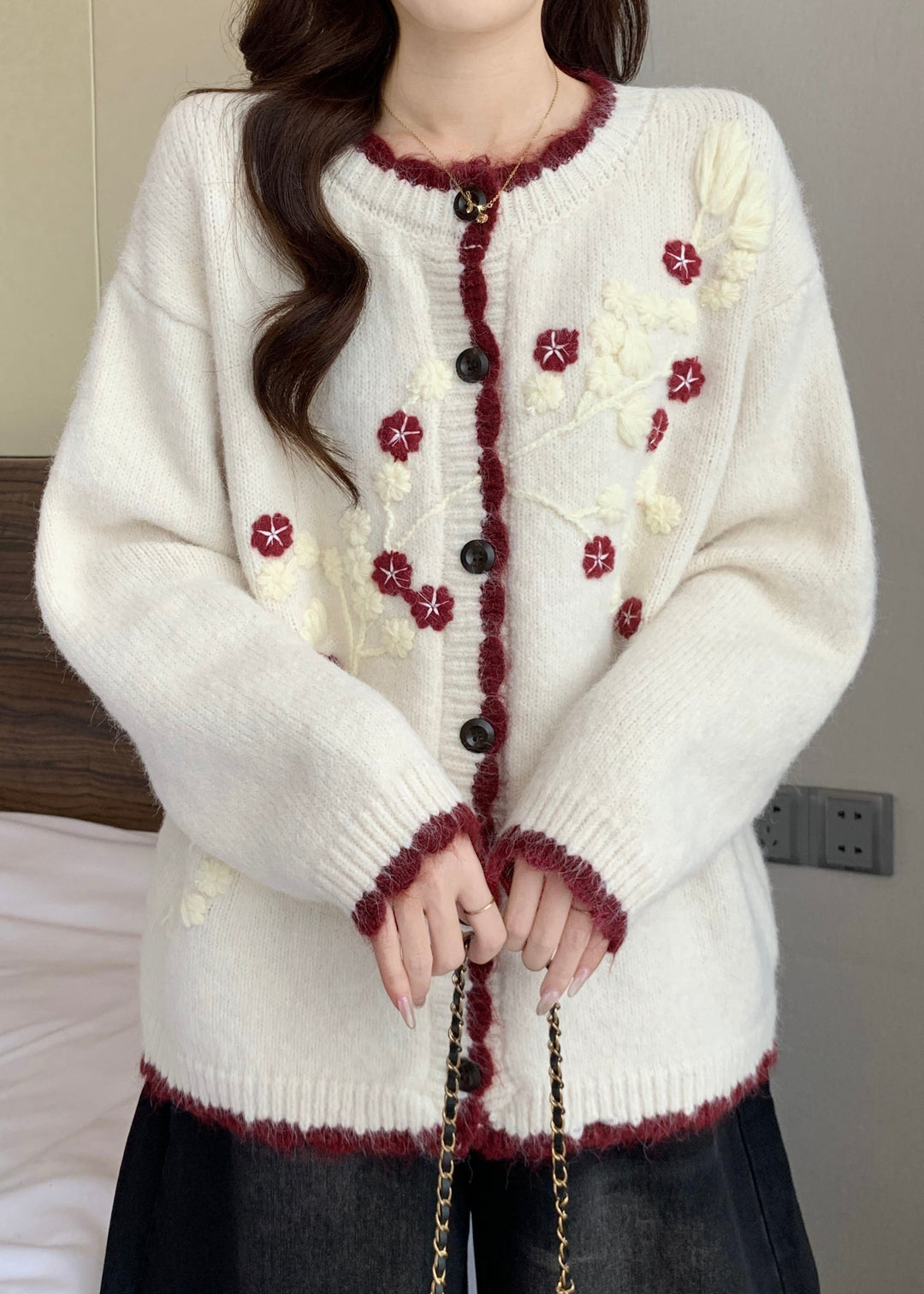 New Navy Embroidered Button Knit Cardigan Fall