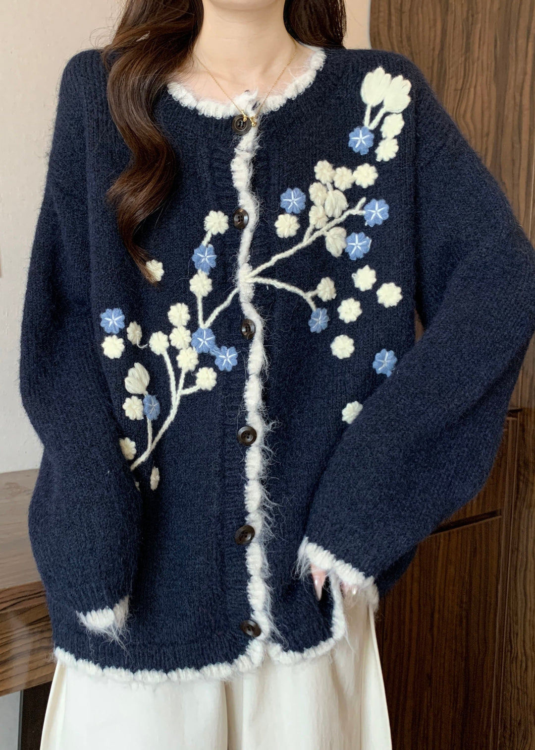New Navy Embroidered Button Knit Cardigan Fall