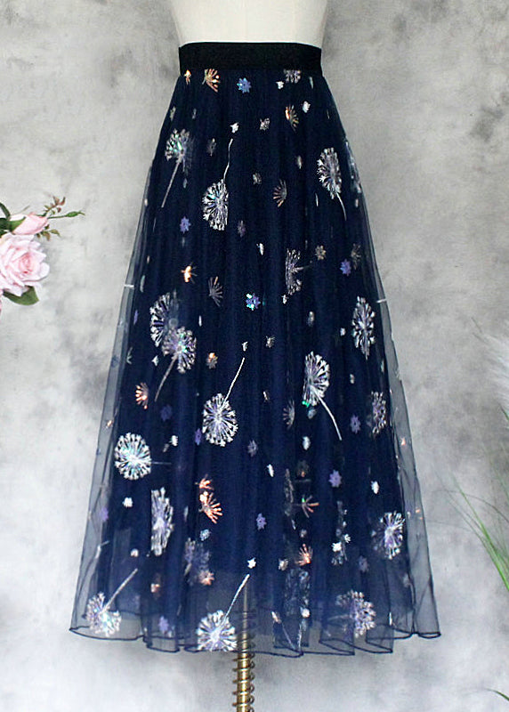 New Navy Embroidered Sequins High Waist Tulle Skirts Summer