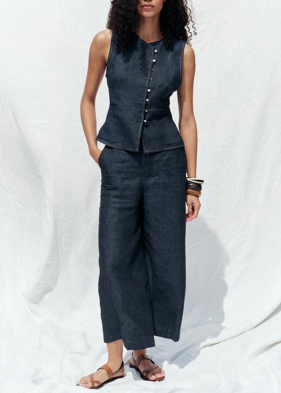 New Navy O Neck Button Tops And Crop Pants Denim Two Pieces Set Sleeveless