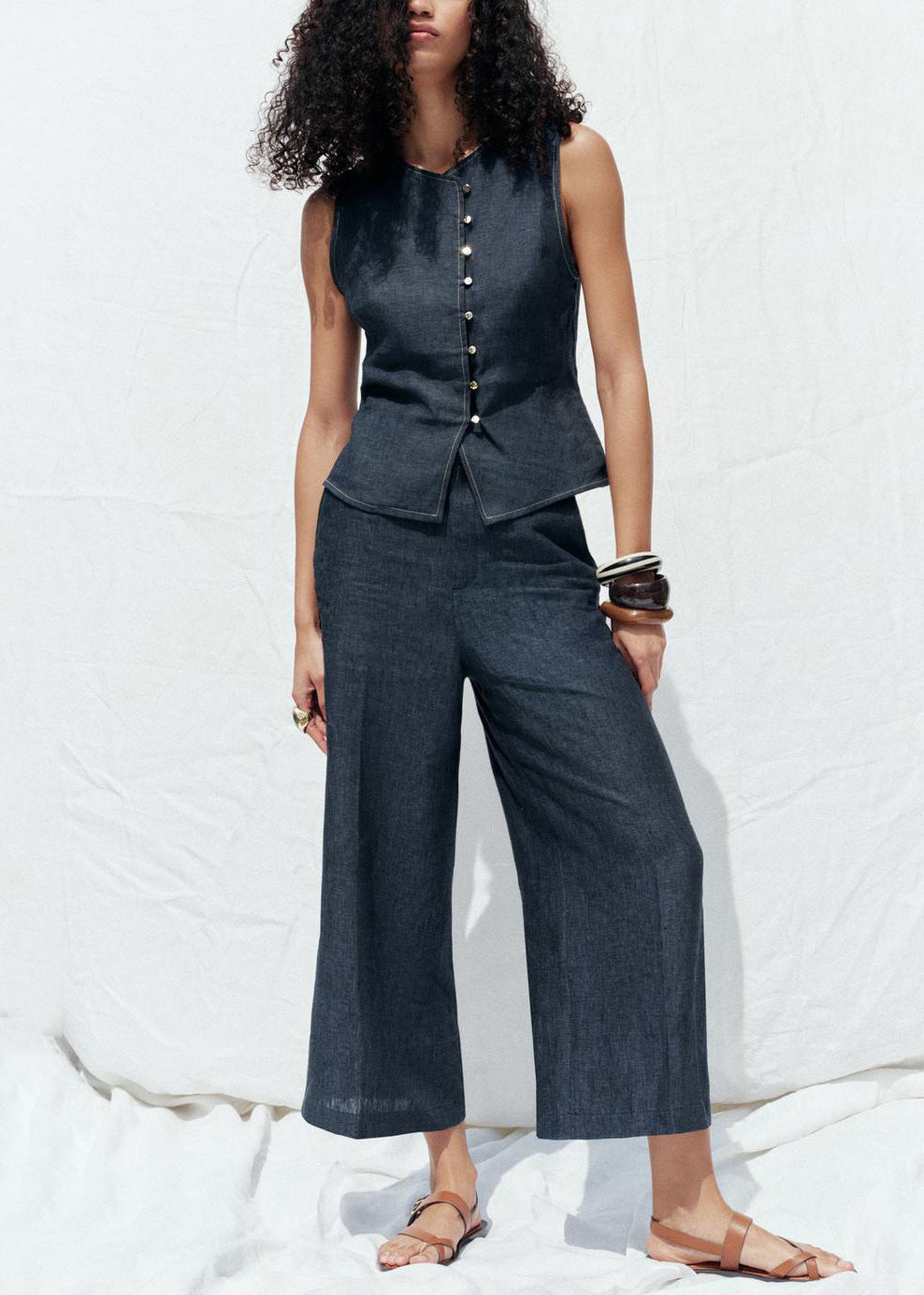 New Navy O Neck Button Tops And Crop Pants Denim Two Pieces Set Sleeveless