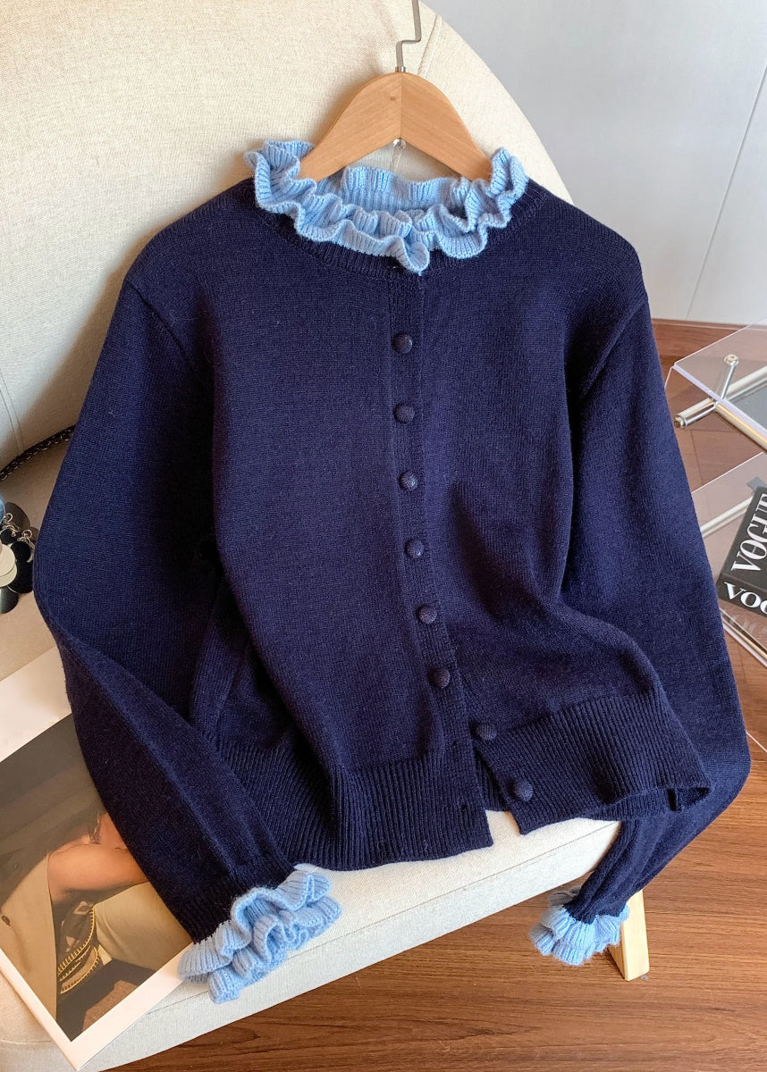 New Navy Original Design Patchwork Knit Coats Petal Sleeve