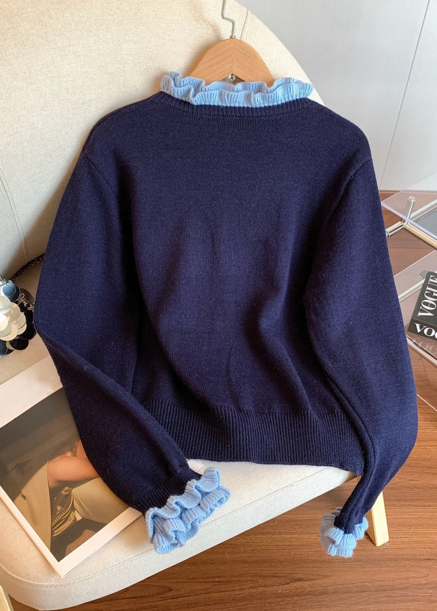 New Navy Original Design Patchwork Knit Coats Petal Sleeve