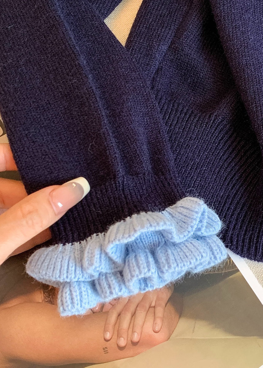 New Navy Original Design Patchwork Knit Coats Petal Sleeve