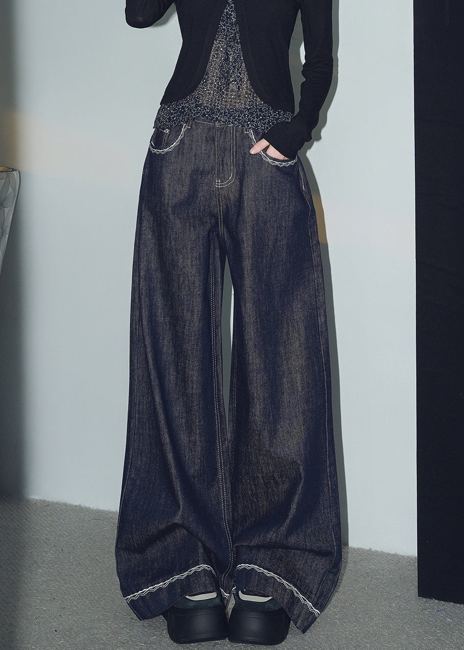 New Navy Original Design Pockets Denim Wide Leg Pants Spring