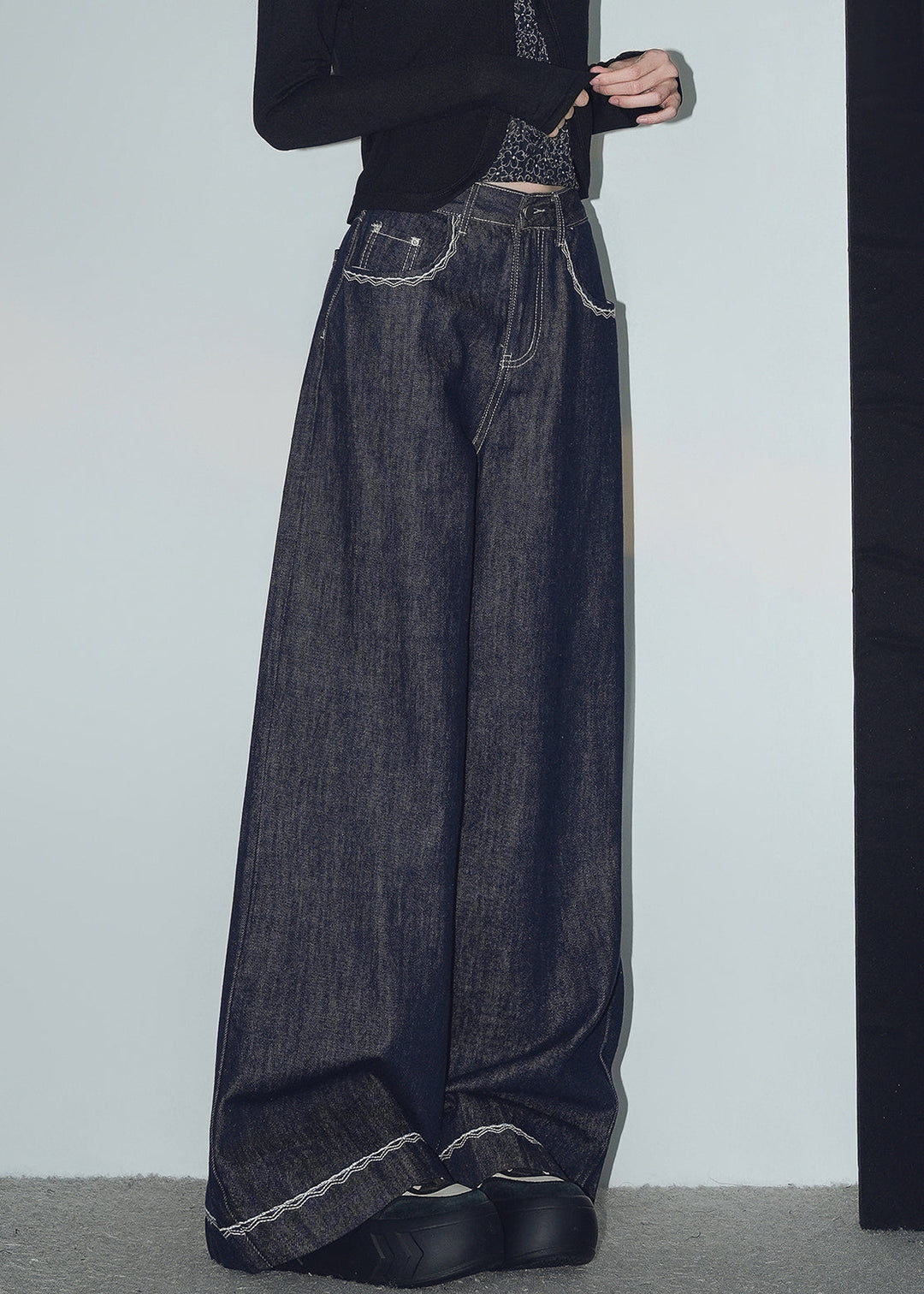 New Navy Original Design Pockets Denim Wide Leg Pants Spring