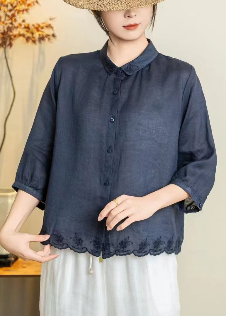 New Navy Peter Pan Collar Embroidered Linen Shirt Tops Summer