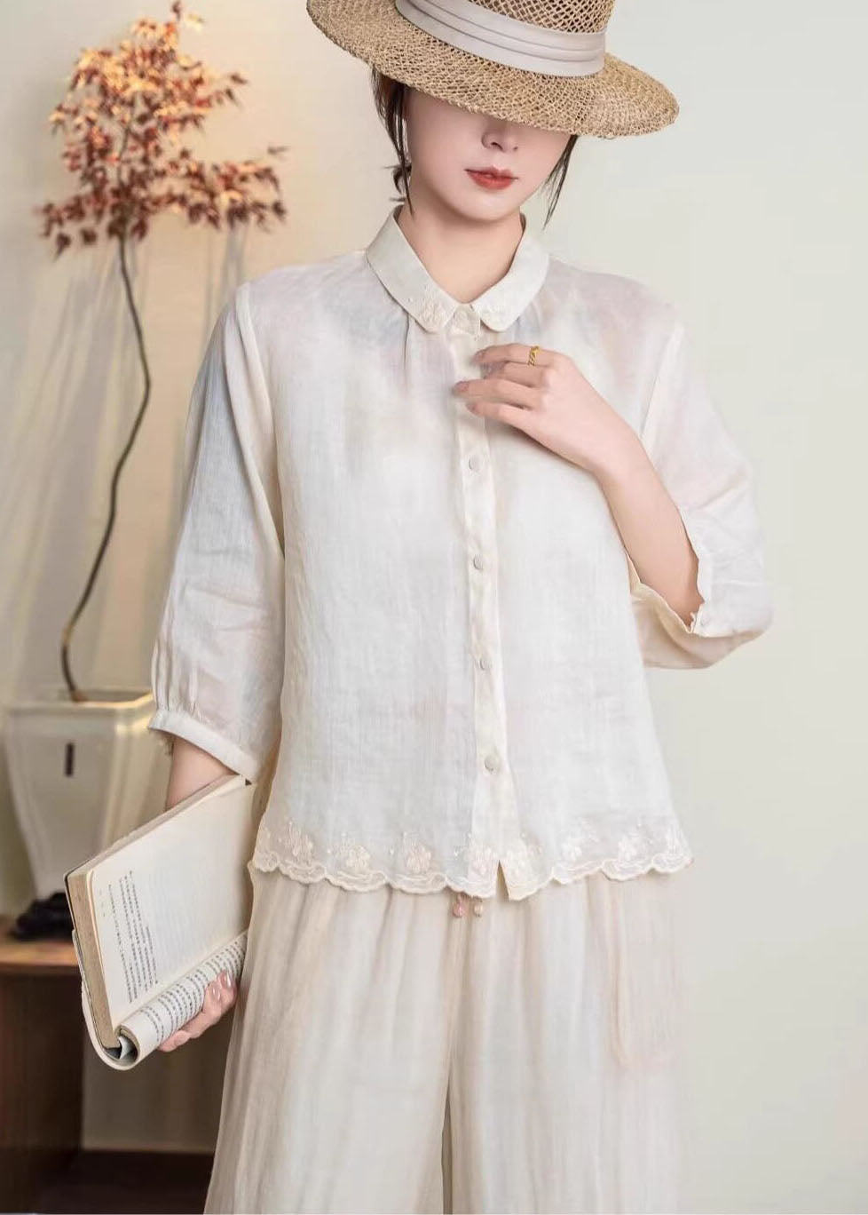 New Navy Peter Pan Collar Embroidered Linen Shirt Tops Summer