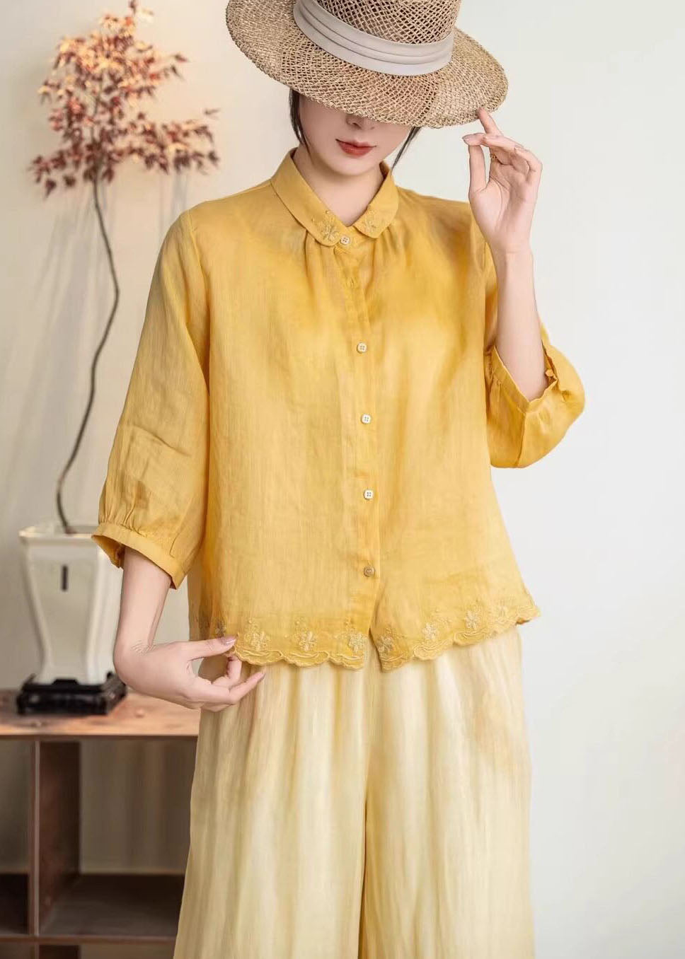 New Navy Peter Pan Collar Embroidered Linen Shirt Tops Summer