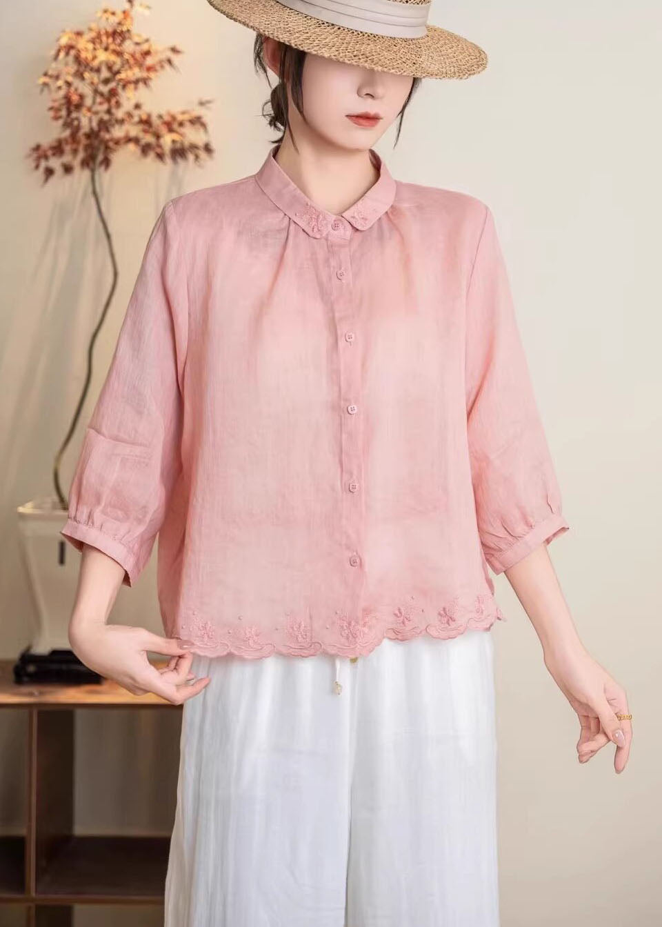 New Navy Peter Pan Collar Embroidered Linen Shirt Tops Summer