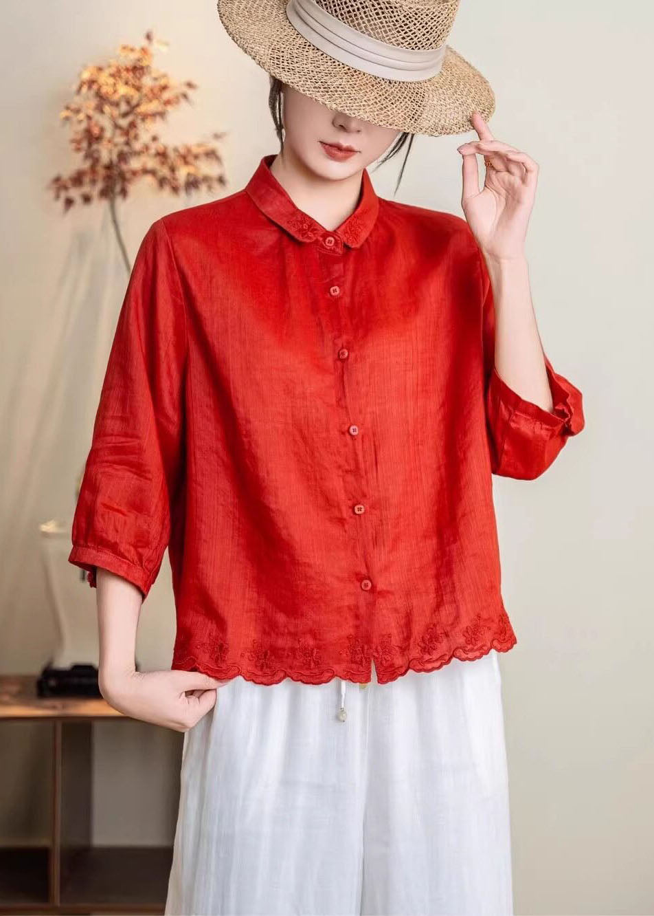 New Navy Peter Pan Collar Embroidered Linen Shirt Tops Summer