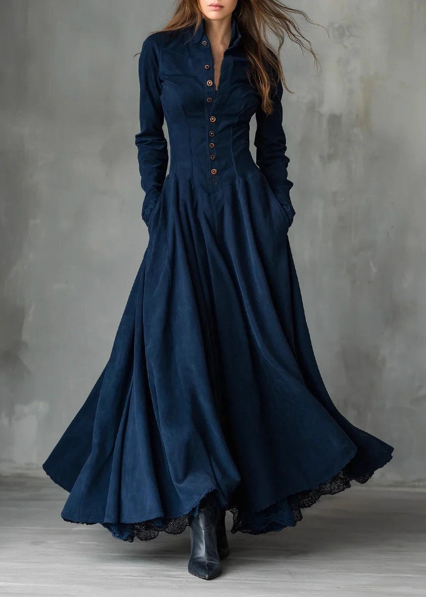 New Navy Peter Pan Collar Lace Patchwork Faux Suede Long Dress Fall