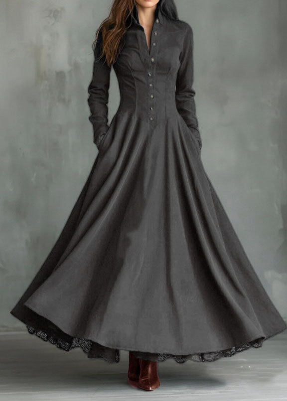 New Navy Peter Pan Collar Lace Patchwork Faux Suede Long Dress Fall