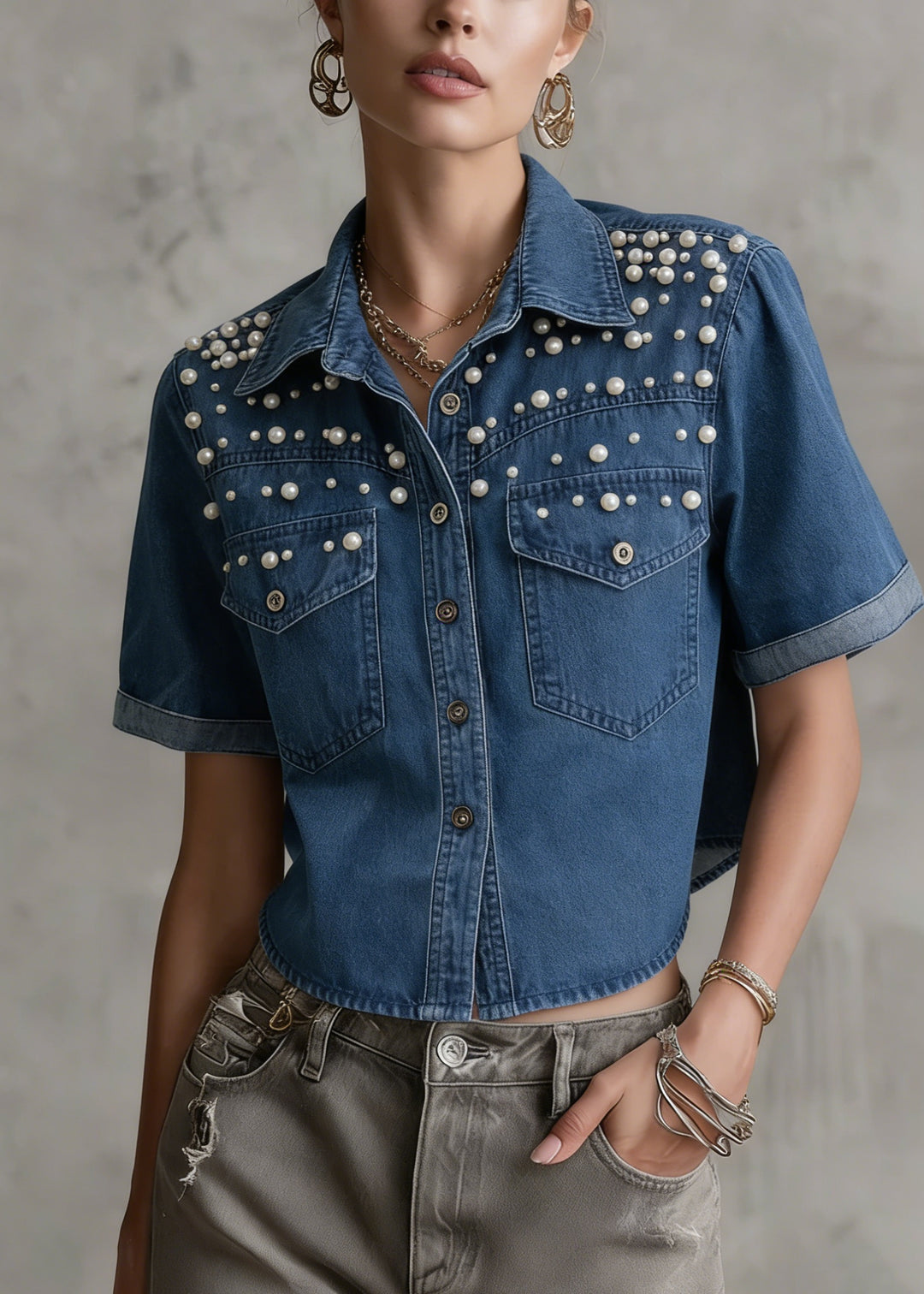 New Navy Peter Pan Collar Nail Bead Denim Shirts Summer